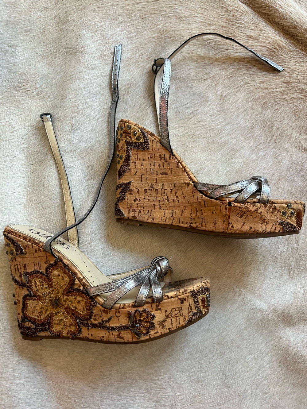 Vintage Richard Tyler Cork Wedge Sandals Embellished Floral Heels Y2K Boho